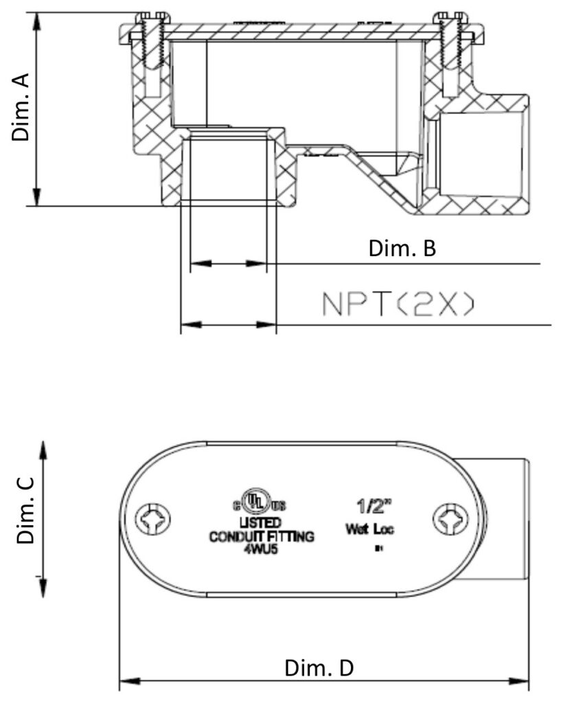 SLB Series Threaded Conduit Body with Steel Cover and Gasket, 1-1/2" - dimensional drawing